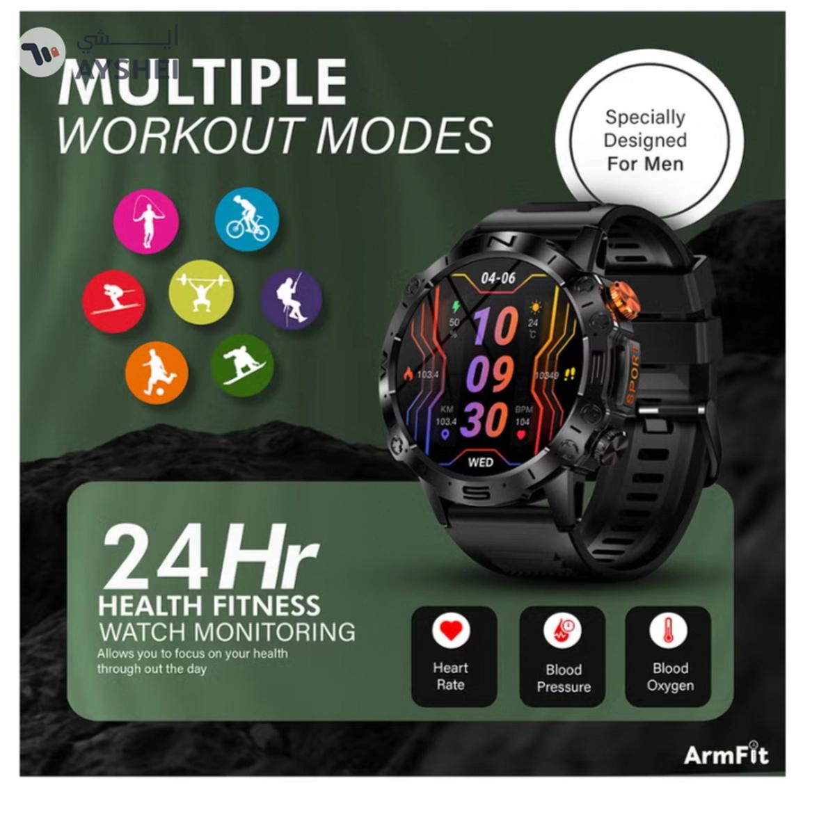 Armfit Dome Smartwatch For Men, AMOLED Always On Display Bluetooth Calling Waterproof Fitness Watches Compatible With Android iOS Black-7-7
